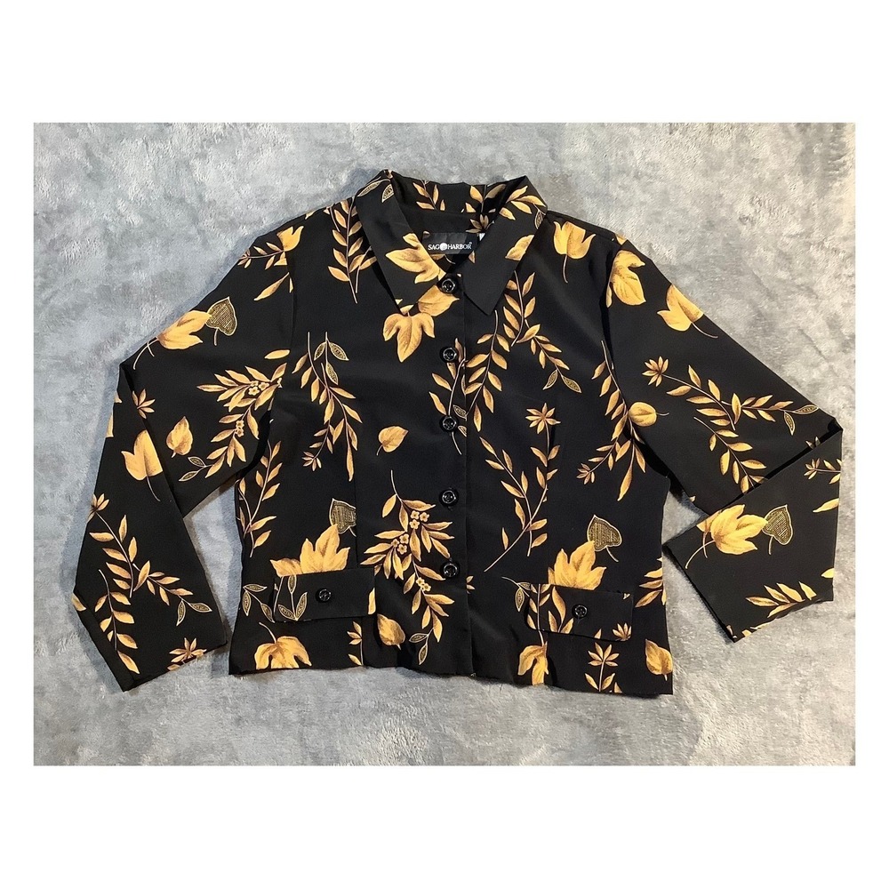 Sag Harbor‎ Women's Size 16 Black Gold Leaf Print Button Up Blazer Jacket